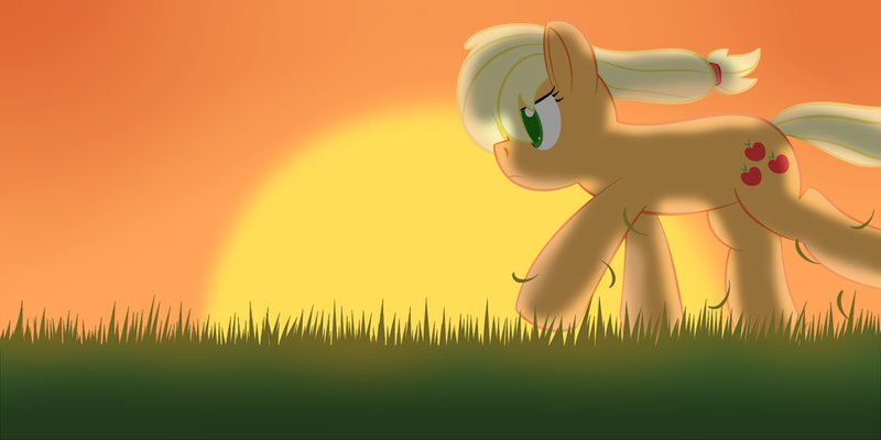 Size: 1264x632 | Tagged: applejack, artist:abstract-spectrum, derpibooru import, grass, running, safe, solo, sunset