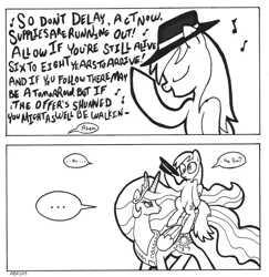 Size: 972x1000 | Tagged: safe, artist:abronyaccount, derpibooru import, derpy hooves, princess celestia, pegasus, pony, comic, fedora, female, hat, lineart, lyrics, mare, monochrome, moonwalk, singing, smash mouth, song reference, walkin on the sun