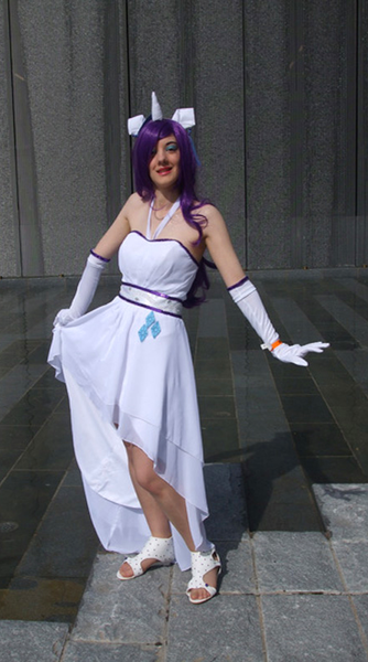 Size: 445x800 | Tagged: artist:vicky-v, clothes, cosplay, derpibooru import, dress, evening gloves, human, irl, irl human, london mcm expo, photo, rarity, safe, solo