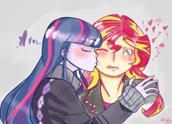 Size: 1000x722 | Tagged: dead source, safe, artist:deadiifoozgo, derpibooru import, sunset shimmer, twilight sparkle, equestria girls, blushing, female, heart, humanized, kissing, lesbian, love, pony coloring, shipping, sunsetsparkle