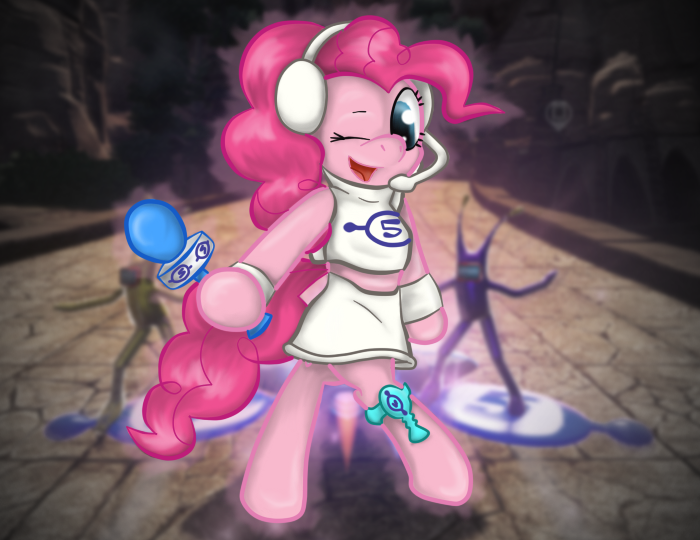 Size: 700x540 | Tagged: safe, artist:gamefreakdx, derpibooru import, pinkie pie, earth pony, pony, clothes, cosplay, crossover, cute, diapinkes, female, headphones, mare, microphone, miniskirt, sega, skirt, solo, space channel 5, ulala