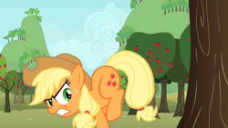 Size: 500x281 | Tagged: safe, derpibooru import, screencap, applejack, the super speedy cider squeezy 6000, animated, apple, apple tree, bucking, gritted teeth, kicking, solo, sweat, sweet apple acres, tree