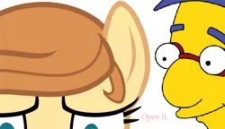 Size: 602x346 | Tagged: button mash's extra adventures, derpibooru import, dialogue, milhouse van houten, oc, oc:cream heart, safe, simple background, unofficial characters only, white background