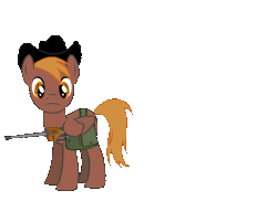 Size: 550x400 | Tagged: safe, artist:teschke, derpibooru import, oc, oc:calamity, unofficial characters only, pegasus, pony, fallout equestria, fanfic, animated, battle saddle, best pony, comic, fanfic art, gif, gun, hat, male, rifle, saddle bag, solo, stallion, text, weapon, wings