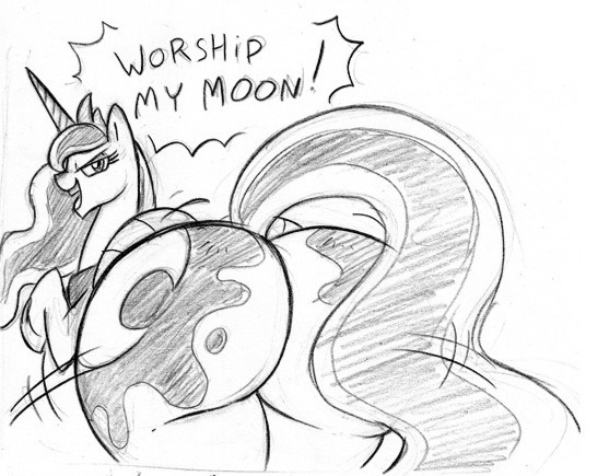 Size: 557x435 | Tagged: artist:mickeymonster, ass worship, derpibooru import, female, growth, impossibly large butt, kiss my ass, monochrome, moonbutt, plot, praise the moon, princess luna, questionable, solo, solo female, the ass was fat, traditional art