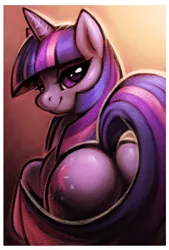 Size: 1280x1894 | Tagged: suggestive, artist:neodokuro, derpibooru import, twilight sparkle, pony, unicorn, bedroom eyes, colored pupils, covering, dark background, female, gradient background, image, jpeg, looking at you, looking back, mare, plot, pretty, raised hoof, smiling, smug, smuglight sparkle, solo, stupid sexy twilight, tail covering, twibutt, unicorn twilight
