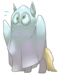 Size: 1280x1632 | Tagged: safe, artist:secretgoombaman12345, derpibooru import, derpy hooves, ghost, pegasus, pony, bedsheet ghost, clothes, costume, cute, female, ghost of christmas derp, mare, simple background, solo, transparent background