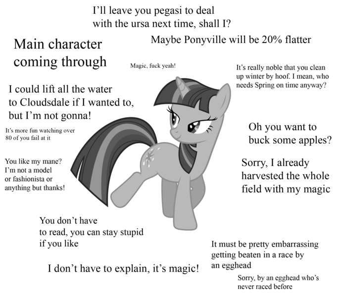 Size: 1914x1686 | Tagged: safe, derpibooru import, twilight sparkle, pony, unicorn, extreme advertising, female, glorious master race, grayscale, mare, monochrome, peasant coming through, simple background, smug, smuglight sparkle, solo, swerve, text, unicorn master race, unicorn twilight, vulgar, white background