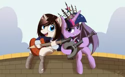 Size: 900x557 | Tagged: safe, artist:zelc-face, derpibooru import, twilight sparkle, twilight sparkle (alicorn), ponified, alicorn, pony, big crown thingy, bioshock infinite, elizabeth, female, guitar, mare, miyuki sawashiro, tyrant sparkle, voice actor joke, wall