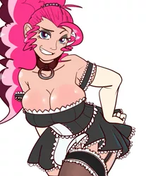 Size: 827x1000 | Tagged: armpits, artist:reiduran, artist:rustydooks, breasts, busty pinkie pie, cleavage, clothes, evening gloves, female, human, humanized, maid, pinkie pie, smiling, smug, solo, solo female, suggestive