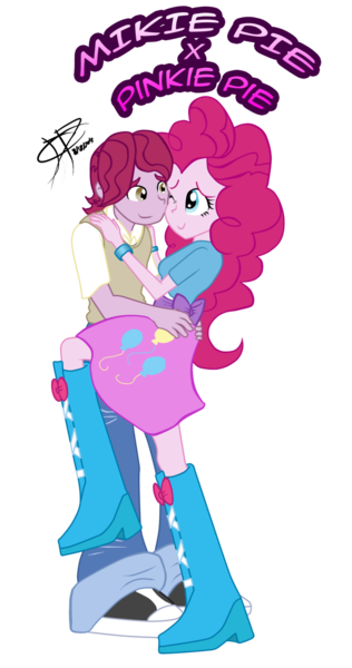 Size: 800x1519 | Tagged: safe, deleted from derpibooru, derpibooru import, pinkie pie, oc, equestria girls, /oat/, balloon, boots, bracelet, canon x oc, clothes, female, hand on hip, hands on shoulder, high heel boots, hug, jewelry, looking at each other, male, mikie pie, mlpchan, not bubble berry, one eye closed, raised leg, shipping, shoes, skirt, sneakers, straight