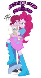 Size: 800x1519 | Tagged: safe, deleted from derpibooru, derpibooru import, pinkie pie, oc, equestria girls, /oat/, balloon, boots, bracelet, canon x oc, clothes, female, hand on hip, hands on shoulder, high heel boots, hug, jewelry, looking at each other, male, mikie pie, mlpchan, not bubble berry, one eye closed, raised leg, shipping, shoes, skirt, sneakers, straight