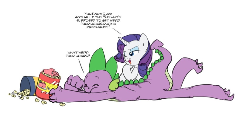 Size: 1401x650 | Tagged: safe, artist:carnifex, derpibooru import, rarity, spike, eating, female, food, ice cream, male, older, older spike, popcorn, pregnant, shipping, sparity, straight