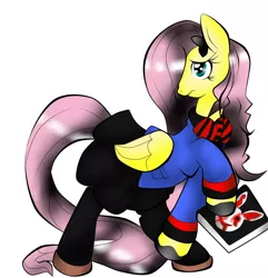 Size: 1240x1288 | Tagged: safe, artist:luxnero, derpibooru import, fluttershy, pegasus, pony, rabbit, animal, blood, clothes, crossover, female, fluttergoth, fourze-stallion, goth, hairpin, mare, solo