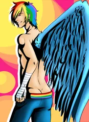 Size: 576x792 | Tagged: artist:animecreator, ass, buttcrack, clothes, derpibooru import, humanized, male, rainbow blitz, rainbow dash, rule 63, solo, solo male, suggestive, topless, winged humanization