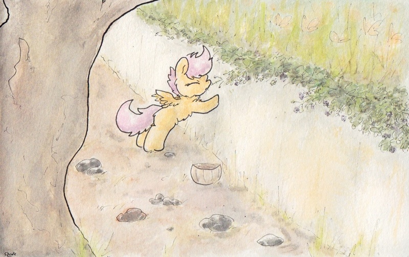 Size: 920x579 | Tagged: artist:slightlyshade, blackberries, derpibooru import, safe, scootaloo, solo, traditional art