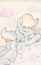 Size: 509x799 | Tagged: safe, artist:slightlyshade, derpibooru import, rainbow dash, cloud, cloudy, cocktail, drink, glass, plot, solo, traditional art, umbrella drink