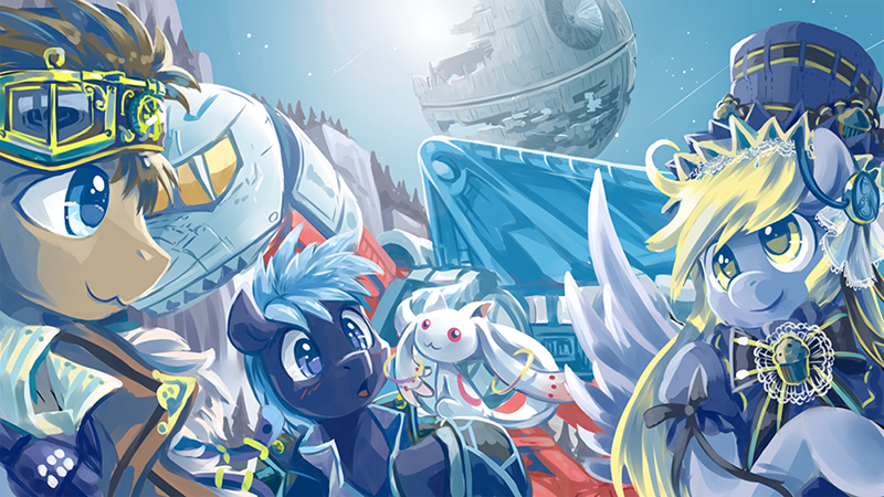 Size: 800x450 | Tagged: safe, artist:saturnspace, derpibooru import, derpy hooves, doctor whooves, star hunter, time turner, pegasus, pony, clockwise whooves, :3, clockpunk, crossover, death star, female, incubator (species), jack harkness, kyubey, mare, puella magi madoka magica, sky lynx, star wars, transformers