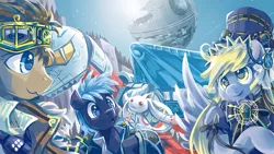 Size: 800x450 | Tagged: safe, artist:saturnspace, derpibooru import, derpy hooves, doctor whooves, star hunter, time turner, pegasus, pony, clockwise whooves, :3, clockpunk, crossover, death star, female, incubator (species), jack harkness, kyubey, mare, puella magi madoka magica, sky lynx, star wars, transformers