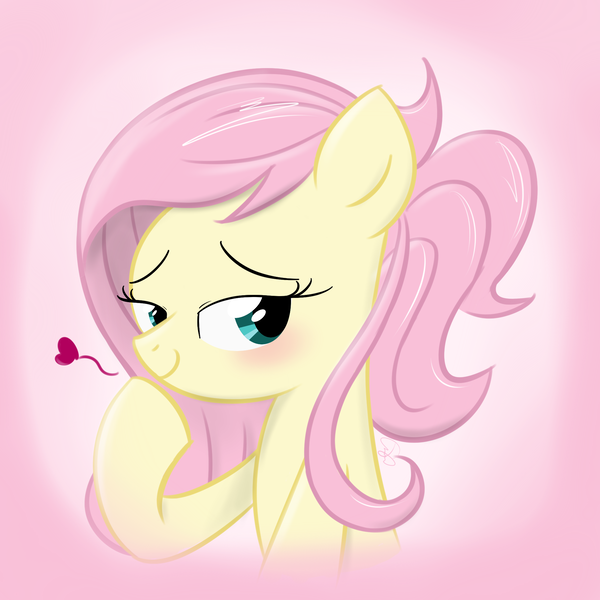 Size: 2000x2000 | Tagged: alternate hairstyle, artist:deathnyan, blushing, derpibooru import, fluttershy, heart, safe, solo