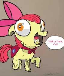 Size: 1069x1254 | Tagged: apple bloom, artist:xulious, clothes, costume, derpibooru import, kigurumi, nightmare fuel, ponyception, pony costume, safe, solo, thousand yard stare