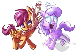 Size: 680x470 | Tagged: safe, artist:lunchwere, derpibooru import, diamond tiara, scootaloo, rubber chicken