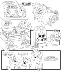 Size: 1300x1500 | Tagged: brussel sprouts, cewestia, coffin, comic, death, derpibooru import, eating, filly, funeral, grave, imagination, lauren faust, monochrome, oc, oc:fausticorn, princess celestia, princess luna, safe, woona