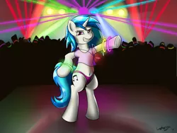 Size: 1600x1200 | Tagged: safe, artist:laptopgun, derpibooru import, vinyl scratch, belly button, clothes, dancing, panties, rave, solo, underwear