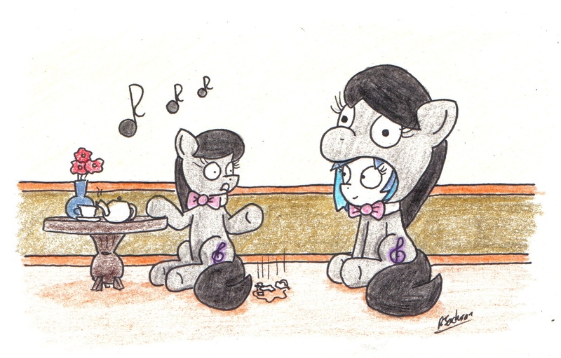 Size: 2154x1375 | Tagged: safe, artist:bobthedalek, derpibooru import, octavia melody, vinyl scratch, earth pony, pony, unicorn, backwards cutie mark, clothes, costume, duality, duo, pony costume, shocked, tea, teacup, teapot, traditional art