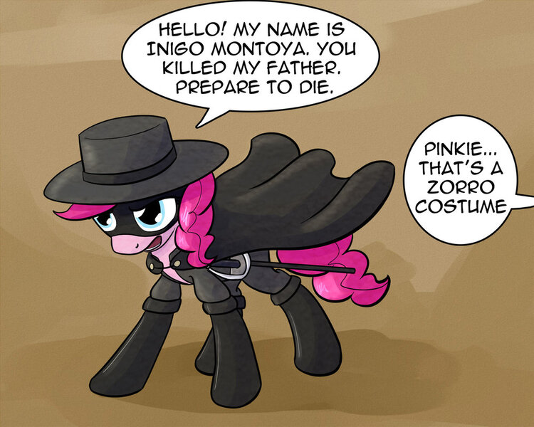 Size: 1000x800 | Tagged: artist:whatsapokemon, clothes, costume, derpibooru import, dialogue, fail, hello, inigo montoya, mask, my name is inigo montoya, offscreen character, parody, pinkie pie, prepare to die, quote, safe, solo, the princess bride, you killed my father, zorro