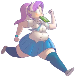 Size: 5000x5100 | Tagged: absurd resolution, acrofatic, artist:secretgoombaman12345, bbw, chubby, clothes, derpibooru import, diamond tiara, fat, humanized, mike and ikes, mouth hold, muffin top, running, safe, schoolgirl, schoolgirl toast, school uniform, skirt, solo, wardrobe malfunction