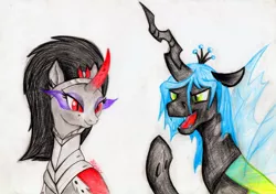 Size: 1024x720 | Tagged: artist:arxuicy, changeling king, chrysombra, cute, derpibooru import, female, king metamorphosis, king sombra, male, morphabetes, pencil drawing, queen chrysalis, queen umbra, rule 63, rule63betes, safe, shipping, simple background, straight, traditional art, umbradorable, white background