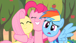 Size: 450x253 | Tagged: safe, derpibooru import, screencap, fluttershy, pinkie pie, rainbow dash, the super speedy cider squeezy 6000, animated, apple, apple tree, eyes closed, hoof around neck, hug, nose in the air, side hug, squishy cheeks, sweet apple acres, tree