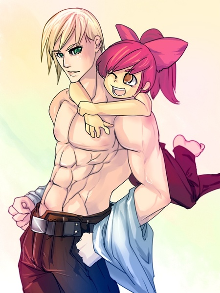 Size: 600x800 | Tagged: apple bloom, artist:bakki, big macintosh, bishonen, clothes, derpibooru import, hug, humanized, muscles, partial nudity, safe, siblings, topless