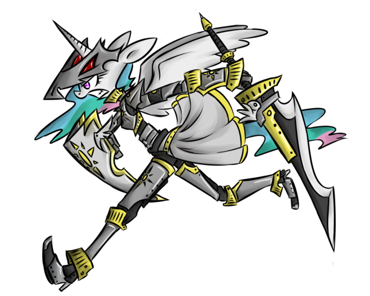 Size: 1024x819 | Tagged: alicorn, anthro, armor, artist:voids-edge, boots, derpibooru import, female, glare, gritted teeth, helmet, high heel boots, high heels, mare, plantigrade anthro, princess celestia, running, safe, shield, shoes, simple background, solo, spread wings, sword, transparent background, warrior celestia, weapon, wings