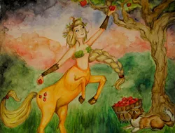 Size: 2896x2198 | Tagged: safe, artist:chocobojockey, derpibooru import, applejack, winona, centaur, apple, apple tree, belly button, centaurjack, food, traditional art, tree