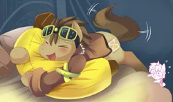 Size: 740x437 | Tagged: artist:ende26, banana, bed, derpibooru import, doctor whooves, food, goggles, hug, safe, tail wiggle, time turner