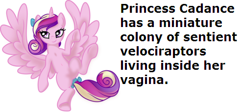 Size: 494x228 | Tagged: bedroom eyes, derpibooru import, dinosaur, featureless crotch, headcanon, implied vagina, insane fan theory, princess cadance, questionable, solo, text, velociraptor, wat