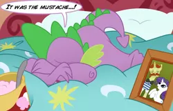 Size: 5492x3542 | Tagged: safe, artist:multiversecafe, derpibooru import, flam, rarity, spike, dragon, unicorn, absurd resolution, bed, comfort eating, crying, facial hair, female, food, forever alone, friendzone, ice cream, male, moustache, photo, picture frame, pillow, rariflam, sad, shipping, sparity, spoon, straight