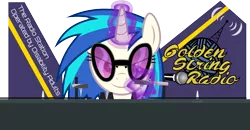 Size: 12286x6400 | Tagged: safe, artist:dcencia, artist:parclytaxel, derpibooru import, vinyl scratch, pony, unicorn, .svg available, absurd resolution, female, glasses, glowing horn, golden string radio, horn, leech lattice, levitation, magic, mare, microphone, request, simple background, smiling, solo, sunglasses, telekinesis, text, transparent background, turntable, vector