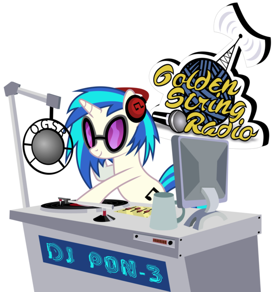 Size: 5682x6000 | Tagged: safe, artist:dcencia, artist:masem, derpibooru import, vinyl scratch, pony, unicorn, absurd resolution, computer, cutie mark, female, glasses, golden string radio, headphones, hooves, horn, mare, microphone, request, simple background, smiling, solo, sunglasses, text, transparent background, turntable, vector