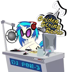 Size: 5682x6000 | Tagged: safe, artist:dcencia, artist:masem, derpibooru import, vinyl scratch, pony, unicorn, absurd resolution, computer, cutie mark, female, glasses, golden string radio, headphones, hooves, horn, mare, microphone, request, simple background, smiling, solo, sunglasses, text, transparent background, turntable, vector