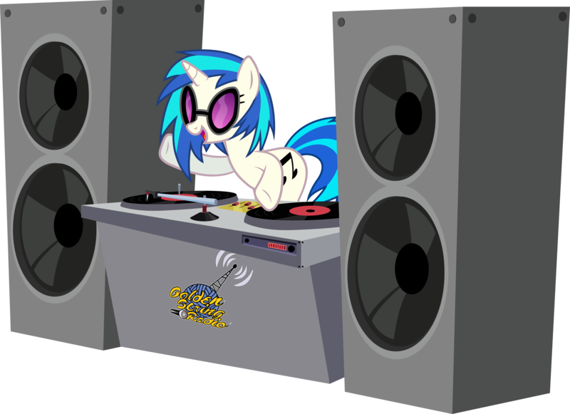 Size: 12829x9321 | Tagged: safe, artist:dcencia, artist:silentmatten, derpibooru import, vinyl scratch, pony, unicorn, absurd resolution, commission, cutie mark, female, glasses, golden string radio, hooves, horn, mare, open mouth, simple background, smiling, solo, sunglasses, text, transparent background, turntable, vector