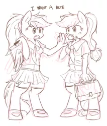 Size: 1020x1200 | Tagged: anthro, applejack, artist:sion, clothes, derpibooru import, dialogue, eating, grayscale, mary janes, midriff, monochrome, necktie, pleated skirt, ponytail, rainbow dash, safe, satchel, schoolgirl, school uniform, skirt, socks, zettai ryouiki