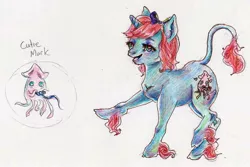 Size: 1605x1070 | Tagged: artist:youmywaywardgirl, classical unicorn, derpibooru import, leonine tail, oc, oc:squidney, safe, solo, text, traditional art, unofficial characters only