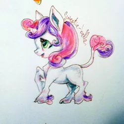 Size: 1536x1536 | Tagged: artist:youmywaywardgirl, classical unicorn, cloven hooves, derpibooru import, leonine tail, safe, solo, sweetie belle, text, traditional art