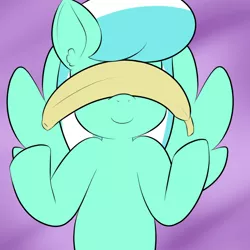 Size: 800x800 | Tagged: safe, artist:lamia, derpibooru import, skyra, pegasus, pony, ask skyra and bons away, abstract background, banana, female, food, mare, smiling, solo, these aren't my glasses