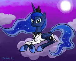 Size: 1000x800 | Tagged: artist:cyberfire22, clothes, cloud, cloudy, derpibooru import, princess luna, safe, solo, suit