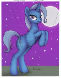 Size: 993x1270 | Tagged: safe, artist:ecmajor, artist:jobo37, derpibooru import, trixie, pony, unicorn, colored, dock, fanart, female, mare, night, rearing, solo