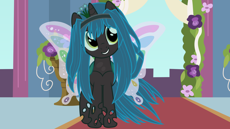 Size: 9600x5400 | Tagged: absurd resolution, artist:beavernator, butterfly wings, cute, cutealis, derpibooru import, grin, head tilt, looking at you, nymph, queen chrysalis, safe, smiling, solo, wallpaper, young